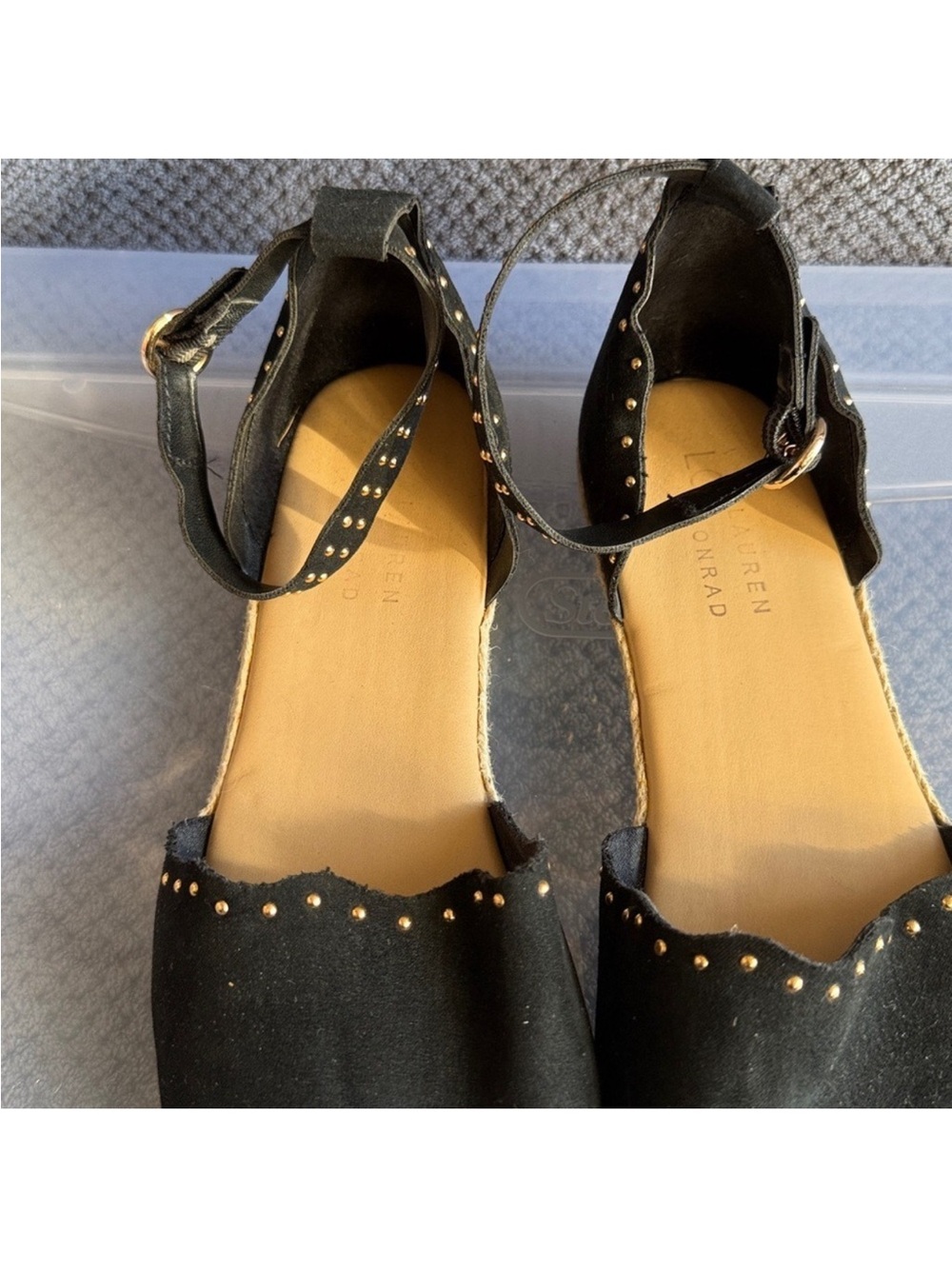 LC Lauren Conrad Black Studded Scalloped Flats Ankle-Strap Espadrilles - Picture 4 of 9